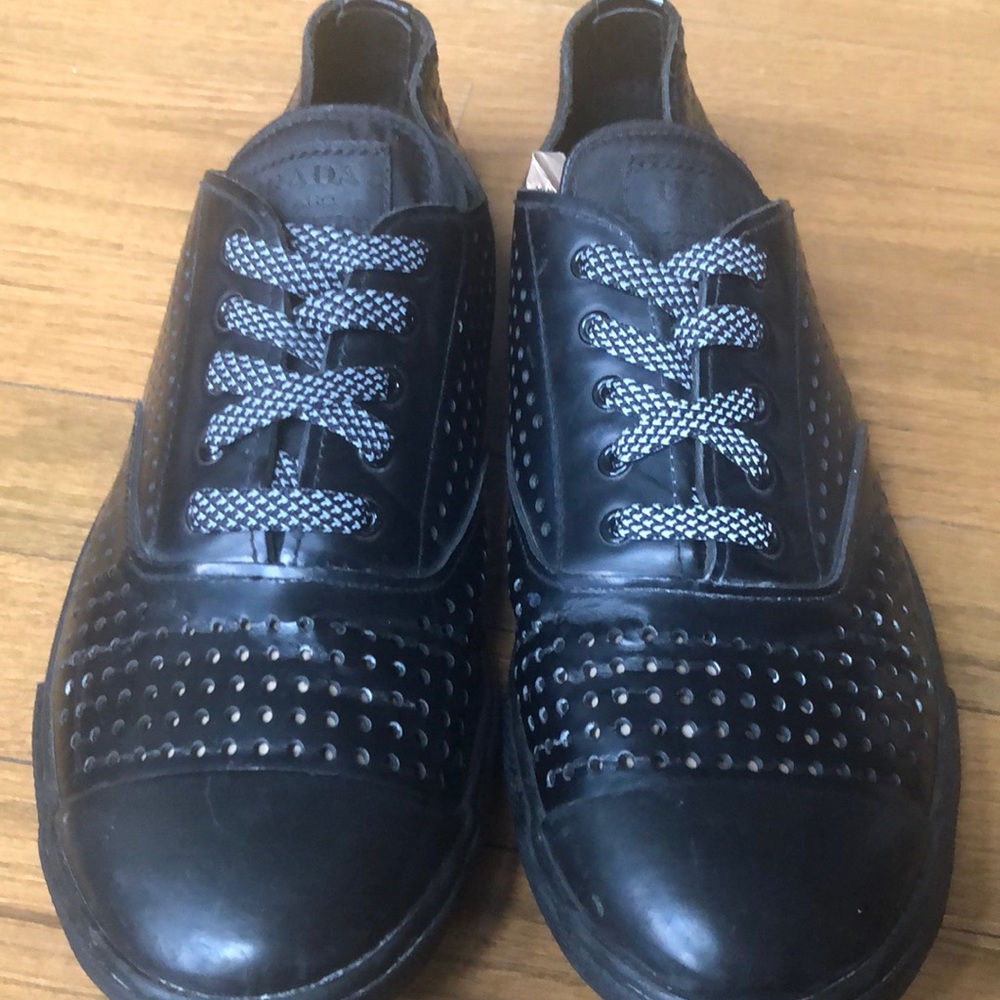 Prada Black Leather Studded Sneakers with Black & White Laces